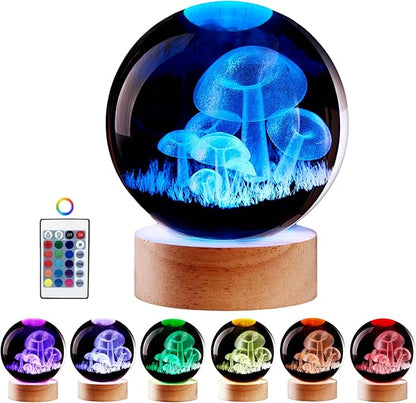 3.15 inch Mushroom Crystal Ball lamp,3D K9 Mushroom Crystal Ball Night Light with Wooden Base,16 Colors Change with Remote Control (Moon)