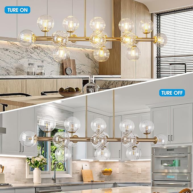 Gold Linear Rectangle Chandelier Modern Chandelier Glass Pendant Light Fixture Adjustable for Dining Living Room Kitchen Island 16-Light