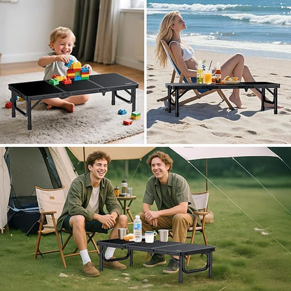Anbte 3ft Low Folding Picnic Table, 10.3" Height Thicker Aluminum Small Camping Table with Storage Bag, Portable Handle, Lightweight, for Camping Beach Party Picnic Floor, 34.2" x 15.7", Black