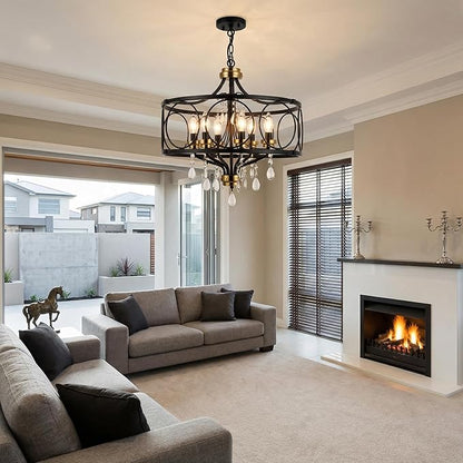 Modern Chandelier Black Metal Crystal Hanging Light 6 Light Dining Room Pendant Lighting Fixture for Farmhouse Bedroom Living Room Kitchen Entryway E12 Bulbs Not Included