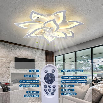 32" Modern Geometric Ceiling Fan with Lights Remote Control, White 6 Speeds 3 Colors Low Profile Ceiling Fan with Light for Living Room