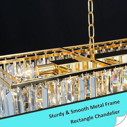 Modern Gold Rectangle Chandelier, 10 Lights Linear Luxury Crystal Chandelier Top K9 Crystal Rectangular Ceiling Pendant Light Fixture for Dining Room Kitchen Table Living Room