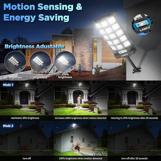 LANGY Solar Street Lights Outdoor Waterproof, 6500K Dusk to Dawn Motion Sensor with Remote Control, LED Security Light for Outside Garden Yard Parking Lot, Flood Lights, 2 Pack