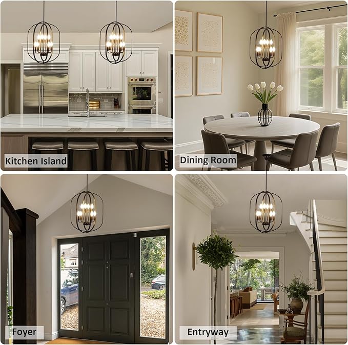 Black Chandelier for Dining Room Light Fixture, 8-Light Foyer Lighting Fixtures Adjustable Pendant Lights Kitchen Island Rustic Modern Farmhouse Chandelier for Entryway, Living Room, Foyer, Bedroom