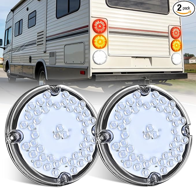 Nilight Tail Light 2PCS 7Inch Round 47 LED White with Inner Reflex Lens Marker Clearance Reverse Backup Running Taillight IP67 Waterproof for Trailer Truck Pickup Camper RV BUS