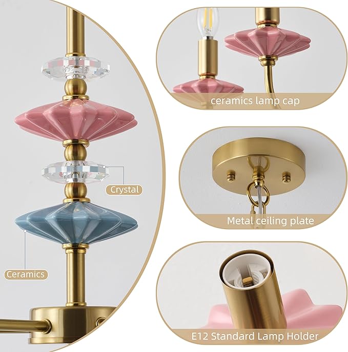 Pink Chandeliers for Dining Room Light Fixture Over Table,5-Light Art Deco Chandelier, Modern Retro Candle Chandelier with Ceramic,Farmhouse Chandelier for Girls Bedroom Living Room, Foyer