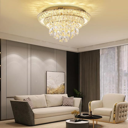 18 inch Crystal Gold Ceiling-Light Flush Mount With Remote Control and APP, 3CCT Dimmable & Brightness Adjustable, Modern Crystal Raindrop Chandeliers for Bedroom Hallway Dinning Room Living Room