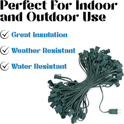 HLO Lighting C7 Light Strings | 25' Green Cord with 12" Socket Spacing, E12 Christmas Light Stringer