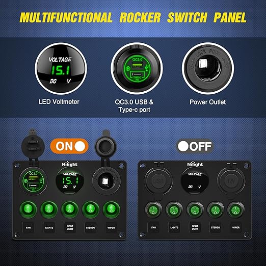 Nilight 5 Gang Multi Function Waterproof Switch Panel PD Type C and USB Socket Digital Voltmeter 12V Outlet Rocker with Inline Fuse for RVs Cars Boats Trucks Trailers Green