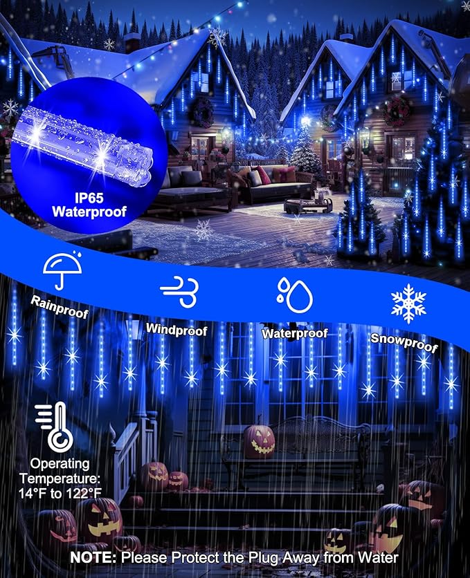 EAGWELL Christmas Lights Outdoor, 20 Inch 20 Tubes 1080 LED Blue Meteor Shower Lights, Cascading Snow Falling Icicle for Xmas Tree Yard Halloween Wedding Party Decor