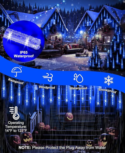 EAGWELL Christmas Lights Outdoor, 20 Inch 20 Tubes 1080 LED Blue Meteor Shower Lights, Cascading Snow Falling Icicle for Xmas Tree Yard Halloween Wedding Party Decor