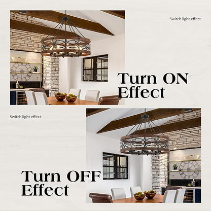 10-Light Farmhouse Drum Wood Pendant Light,32.24'' Vintage Rustic Brown Oak Wood Chandeliers,Retro Industrial Hanging Light Fixtures for Dining Room Entryway, Bedroom