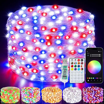 Smart Fairy Lights 33Ft 100 LED Twinkle String Lights with Remote & APP Control, Color Changing USB Fairy Lights Music & Mic Sync for 4th of July Bedroom Holiday Party Decor