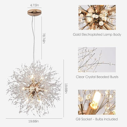 Small Sputnik Chandelier, 9 Lights Modern Dandelion Crystal Chandelier, Chrome Dandelion Pendant Light Fixture for Kitchen Dining Room Bedroom