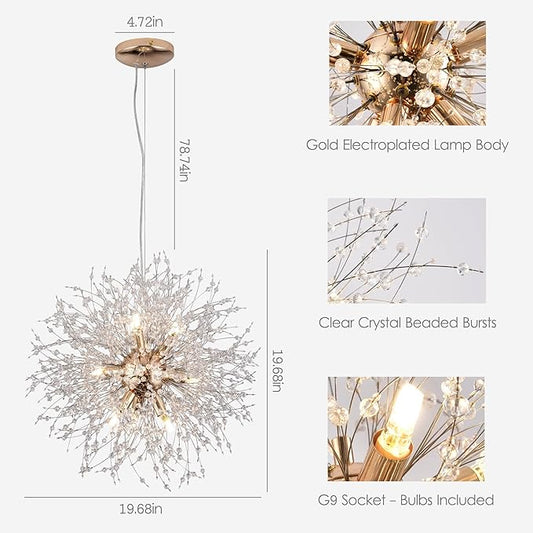 Small Sputnik Chandelier, 9 Lights Modern Dandelion Crystal Chandelier, Chrome Dandelion Pendant Light Fixture for Kitchen Dining Room Bedroom