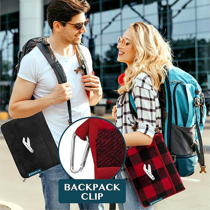 PAVILIA Travel Blanket Pillow, Airplane Blanket Set in Soft Bag with Pockets, Plane Blanket Compact Packable, Flight Essentials Car Pillow, Travelers Accessories Gifts, Luggage Strap, Plaid Red