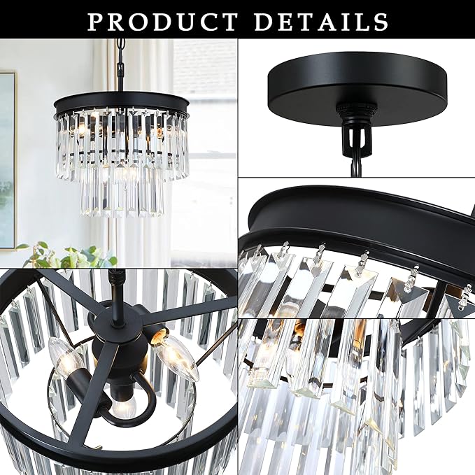 MEXO Crystal Chandelier Lighting Fixture Black Finish, 2-Tier Crystal Hanging Chandelier Lights for Living Room Bedroom Dinning Room Hallway
