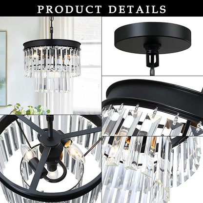 MEXO Crystal Chandelier Lighting Fixture Black Finish, 2-Tier Crystal Hanging Chandelier Lights for Living Room Bedroom Dinning Room Hallway