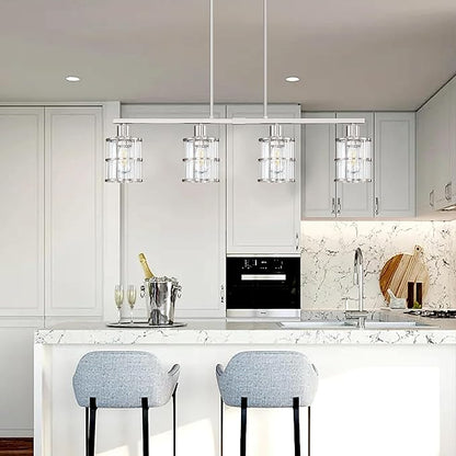 4 Light Kitchen Island Chandelier Brushed Nickel Finish Modern Pendant Light Ceiling Lighting Fixture Metal Clear Glass Dining Room Bar Café Kitchen Island