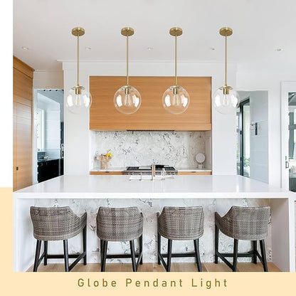 Bagood 10 Inch Globe Pendant Light Gold Mid Century Pendant Light Adjustable Hanging Light Fixture Globe Pendant Lights Kitchen Island Clear Glass with Brass Finish for Dining Room