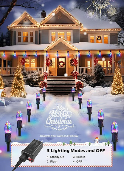 C9 Christmas Pathway Lights Outdoor, 45FT 40 LED Christmas String Lights with Stakes, 4 Light Modes, Waterproof Connectable Christmas Decorations for Outside Lawn Yard Sidewalk Driveway, Multicolor