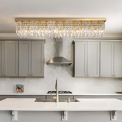 Gold Chandeliers,10-Lights Modern Crystal Chandelier, Rectangular Flush Mount Chandelier,Pendant Light Fixture for Dining Room Kitchen Room Bedroom Bathroom Hotel