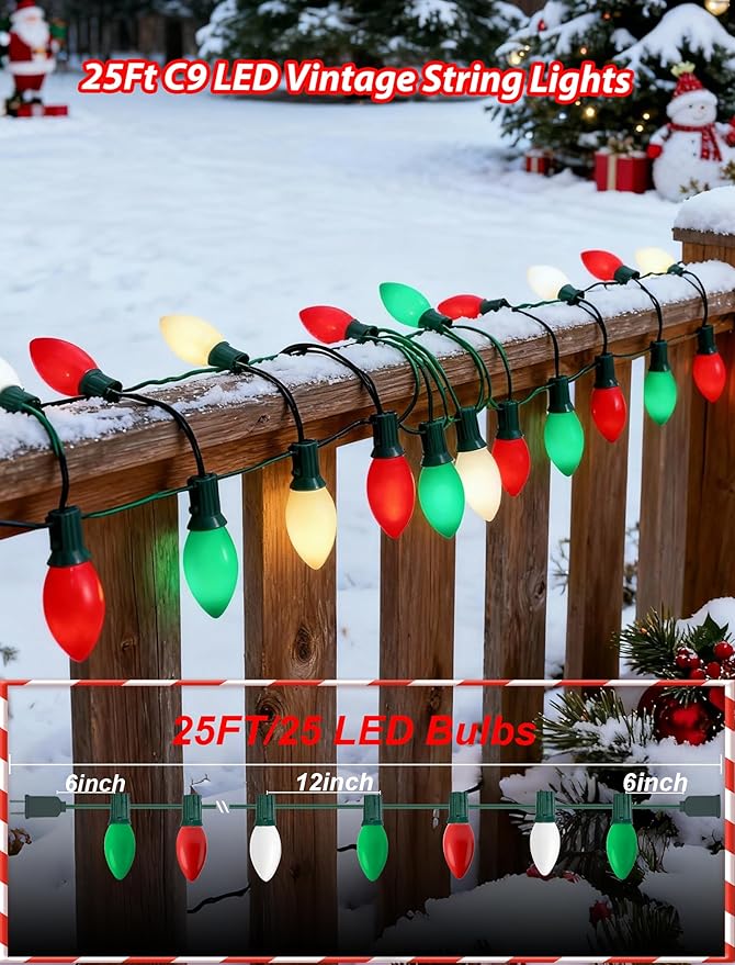 Red Green White LED Christmas Lights,25FT Waterproof C9 Multicolor Christmas Lights Outdoor with 26 Shatterproof Bulbs,Commercial Hanging Xmas Light for Roof Patio Balcony Party Xmas Decor
