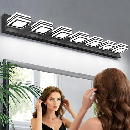 SOLFART LED Modern Vanity Lights Fixtures: 7 Lights Acrylic Matte Black Modern Bathroom Wall Light Over Mirror 46inch