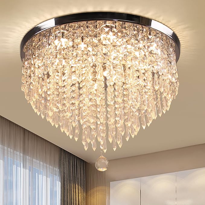 19.7" Crystal LED Flush Mount Ceiling Light, 5-Tier K9 Raindrop Crystals, Chrome Stainless Steel Chandelier Fixture for Bedroom, Living Room & Dining Room 3000K Warm White