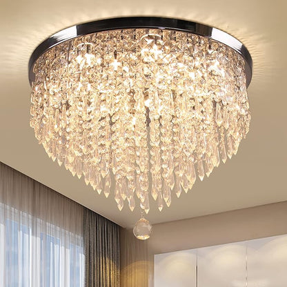 19.7" Crystal LED Flush Mount Ceiling Light, 5-Tier K9 Raindrop Crystals, Chrome Stainless Steel Chandelier Fixture for Bedroom, Living Room & Dining Room 3000K Warm White