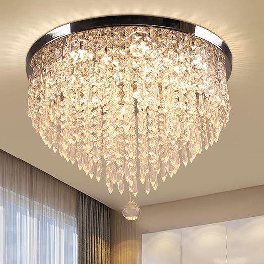 19.7" Crystal LED Flush Mount Ceiling Light, 5-Tier K9 Raindrop Crystals, Chrome Stainless Steel Chandelier Fixture for Bedroom, Living Room & Dining Room 3000K Warm White