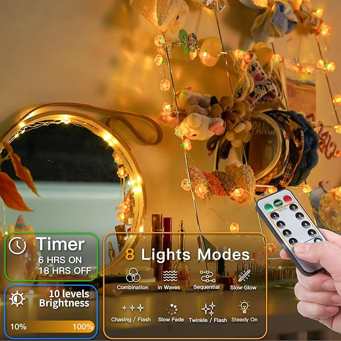 suddus 3D Pumpkin Lights,12.8ft 40 LED Fall Lights Battery Operated with Remote& 8 Modes & Timer, Waterproof Thanksgiving Decorations for Indoor Outdoor Home,Party,Harvest,Hallowee,Thanksgiving Décor