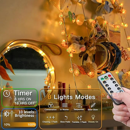 suddus 3D Pumpkin Lights,12.8ft 40 LED Fall Lights Battery Operated with Remote& 8 Modes & Timer, Waterproof Thanksgiving Decorations for Indoor Outdoor Home,Party,Harvest,Hallowee,Thanksgiving Décor