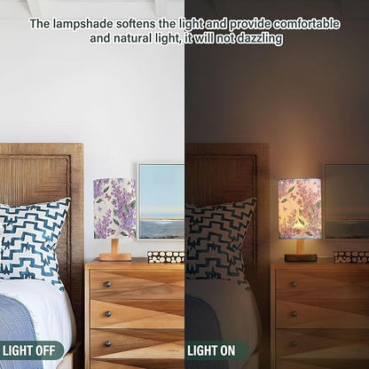 Table Lamp Purple Lilac Flower Bee Butterfly Nature Floral Nightstand Lamp with Wood Base Fabric Lamp Shade Bedside Desk Lamp for Living Room Bedroom Kids Room Office