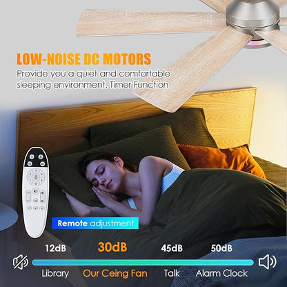 Asyko Silver RGB Ceiling Fan with Light and Remote/APP Control - 46" Flush Mount Low Profile Fan Light, 6 Speeds 3CCT and Reversible, Indoor Ceiling Fan for Bedroom, Party