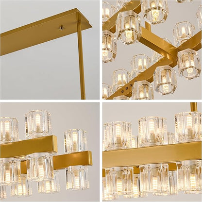 54 Inch Gold Crystal Linear Chandelier, Modern Large Rectangle 60-Lights Pendant Lighting Fixture Adjustable Height, for High Ceilings Kitchen Island, Over Table Dining Room