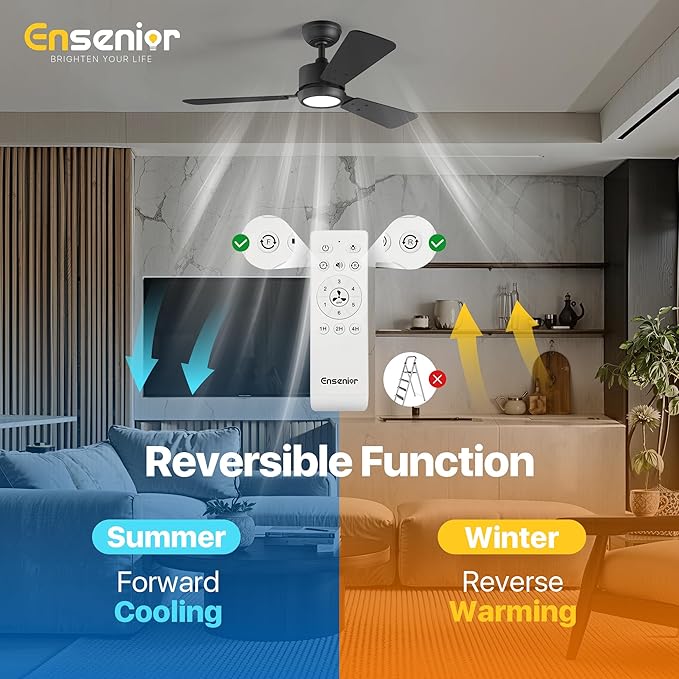 Ensenior 42 Inch Ceiling Fans with Lights and Remote, Small Bedroom Ceiling Fan with 3 Reversible Blades (Black/Wood), Quiet DC Motor, 6 Speeds, 3 Color, Memory Function, Modern Fan for Home, Black