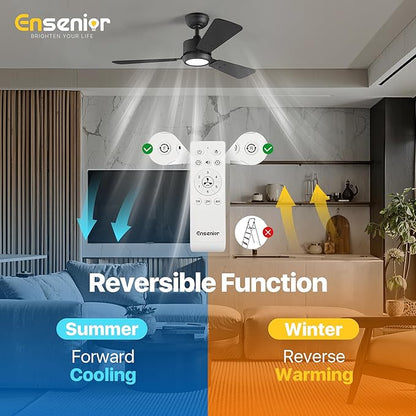 Ensenior 42 Inch Ceiling Fans with Lights and Remote, Small Bedroom Ceiling Fan with 3 Reversible Blades (Black/Wood), Quiet DC Motor, 6 Speeds, 3 Color, Memory Function, Modern Fan for Home, Black