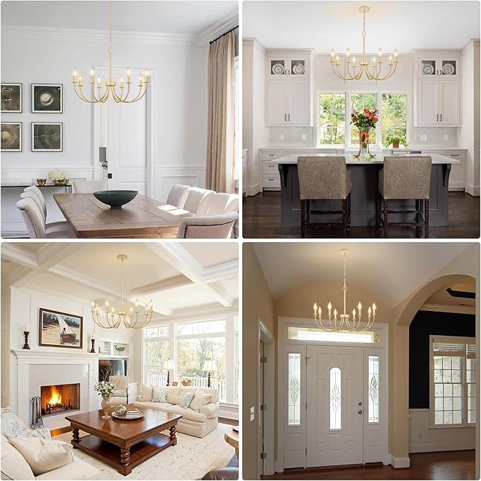 8-Light Gold Chandeliers for Dining Room, Farmhouse Dining Room Light Fixtures, Rustic Candle Chandelier Light Fixtures for Living Room, Kitchen, Staircase, Entryway, Foyer