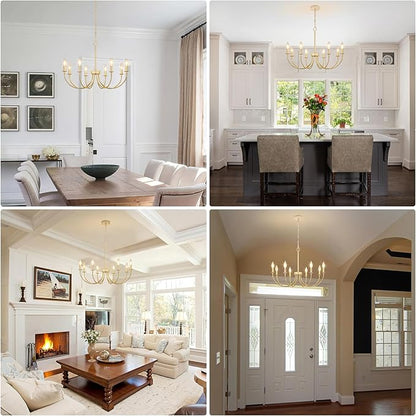 8-Light Gold Chandeliers for Dining Room, Farmhouse Dining Room Light Fixtures, Rustic Candle Chandelier Light Fixtures for Living Room, Kitchen, Staircase, Entryway, Foyer