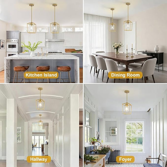 2 Pack Gold Pendant Lights Kitchen Island, Modern Farmhouse Kitchen Pendant Light Fixtures, Metal Cage Island Lights with Clear Glass Shade for Kitchen, Entryway, Dining Room, Hallway