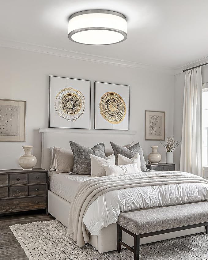 LMS 15 Inch LED Flush Mount Ceiling Light, 24W Modern Brushed Nickel Ceiling Lamp, 3CCT 3000K/4000K/5000K, Dimmable, Bathroom, Bedroom, LMS-054BN