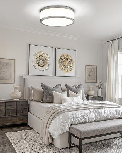LMS 15 Inch LED Flush Mount Ceiling Light, 24W Modern Brushed Nickel Ceiling Lamp, 3CCT 3000K/4000K/5000K, Dimmable, Bathroom, Bedroom, LMS-054BN