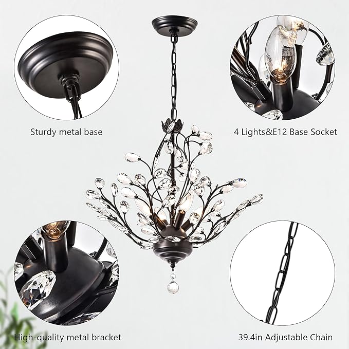 Maxax 18" Black Crystal Chandelier, 4-Light Vintage Branch Pendant Light Fixture, Modern K9 Raindrop Ceiling Light with Adjustable Chain for Dining Room Bedroom Foyer, E12 Base