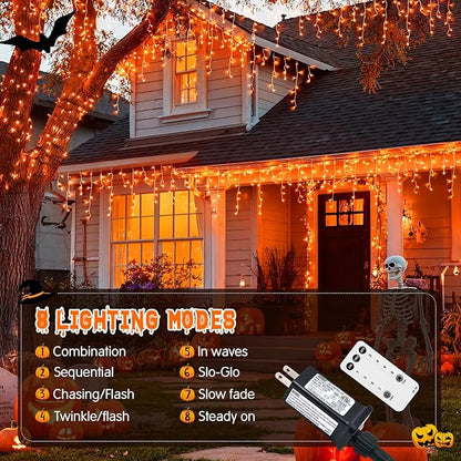 JMEXSUSS Orange Christmas Lights Outdoor, 800 LED Orange Icicle Lights Outdoor Waterproof, 8 Modes String Light Plug in for Fireplace Tree Garden Patio Thanksgiving Fall Halloween Decor