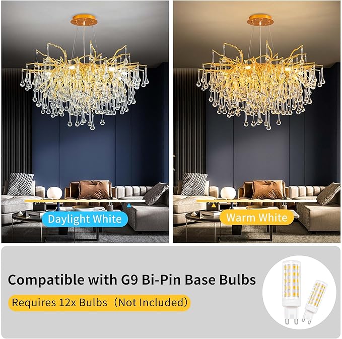 Modern Crystal Raindrop Chandelier, Gold Round Art Deco Tree Branch Lighting Fixture for Dining Room Living Room Foyer 13 Lights D31.5''