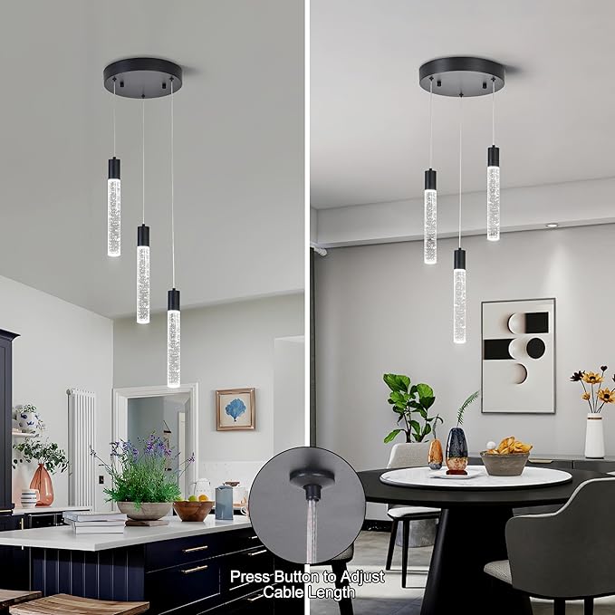 3 Light Pendant Lights Kitchen Island,Modern LED Bubble Crystal Pendants with Dimmable 3000K-6000K Ceiling Hanging Light Fixture for Dining Room Bedroom,Matte Black Finish,Adjustable Height 59"