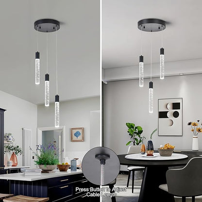 3 Light Pendant Lights Kitchen Island,Modern LED Bubble Crystal Pendants with Dimmable 3000K-6000K Ceiling Hanging Light Fixture for Dining Room Bedroom,Matte Black Finish,Adjustable Height 59"