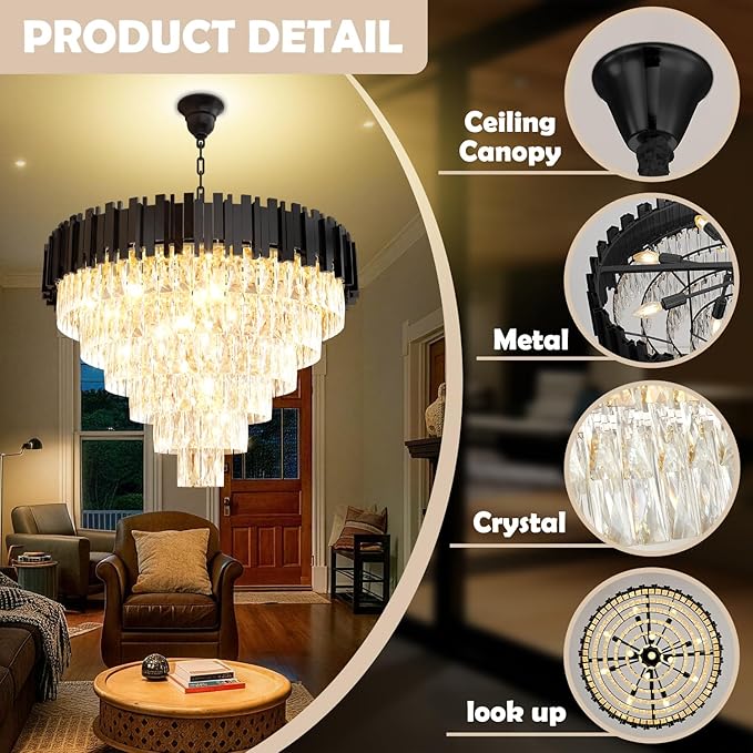 Large Crystal Chandeliers, Modern 32" Black Pendant Light, 6-Tier Round Crystal Ceiling Chandelier for High Ceiling, Foyer, Living Room, Staircase, Dining Room