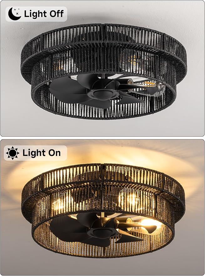 Handwoven Boho Ceiling Fans with Lights Flush Mount,Rattan Farmhouse Caged Fandelier Low Profile Enclosed Chandelier Fan with 6 Speeds for Bedroom,Nursery,Dining Room(Black)